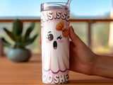 Pink ghost tumbler with "THIS IS SO SPOOKY" text and orange bow.
