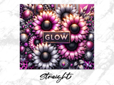 Floral pattern with "GLOW" and "Straight" text, featuring pink and silver flowers.