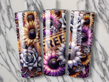 Three tumblers with sunflowers and floral designs, one featuring "FREE" sign.