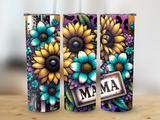 Three tumblers featuring sunflowers, teal flowers, and a "MAMA" sign with leopard print.