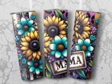 Triptych of tumblers featuring sunflowers, turquoise flowers, and "Mama" sign.