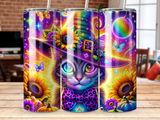 Whimsical cat with colorful eyes and witch hat surrounded by sunflowers and glitter.