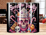 Sweet But Deadly skull with candy and a milkshake on a black background.