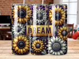 Sunflower and star tumbler with "DREAM" text and glitter accents.