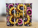 Three tumblers with sunflowers and floral designs, one showing the word "HAPPY".