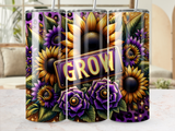Sunflower and purple floral design with gold "GROW" sign on a tumbler.
