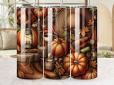 Autumn themed tumbler with pumpkins, boots, cinnamon, and a hat.