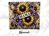 Sunflowers and purple flowers with "Mama" text on a textured background.