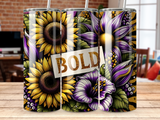 Tall tumbler with sunflowers, purple flowers, and glitter, featuring the word "BOLD".