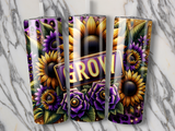 Three tumblers with sunflowers, purple flowers, and "GROW" text on a marble background.